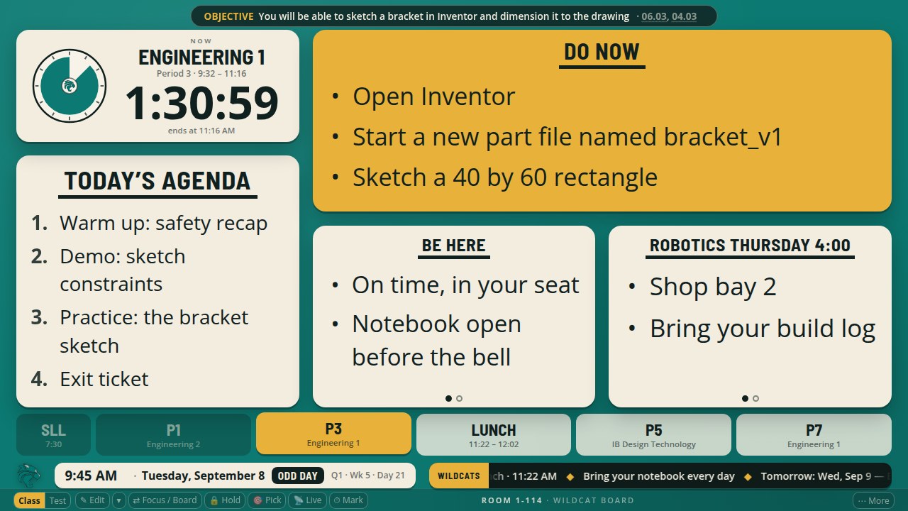 The board in the Clock above the agenda arrangement: larger card titles, a four-line numbered agenda, a three-line Do Now, and two rules tiles with their page dots at the bottom centre.
