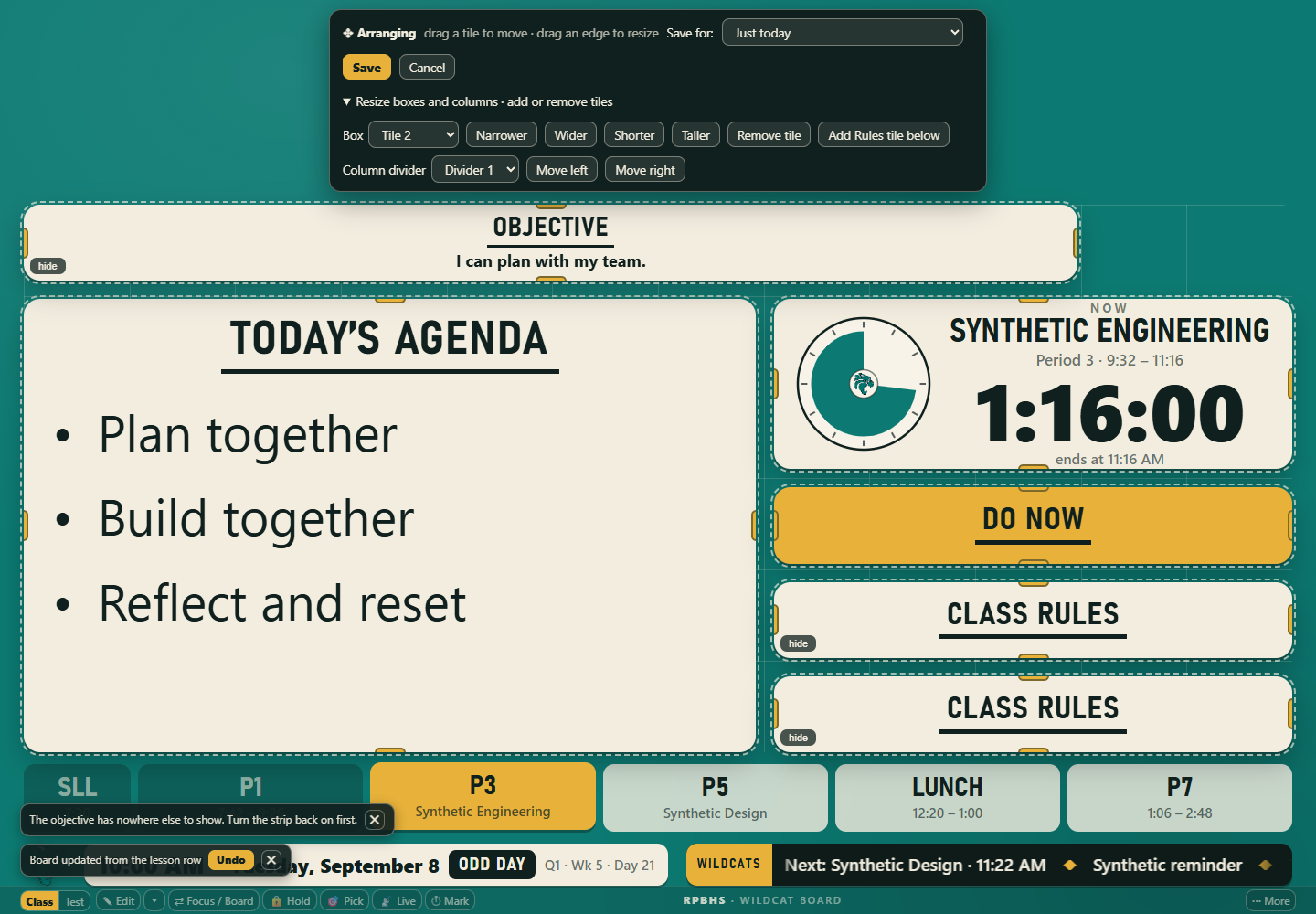 Arrange controls above a sample board with two stacked Rules tiles.