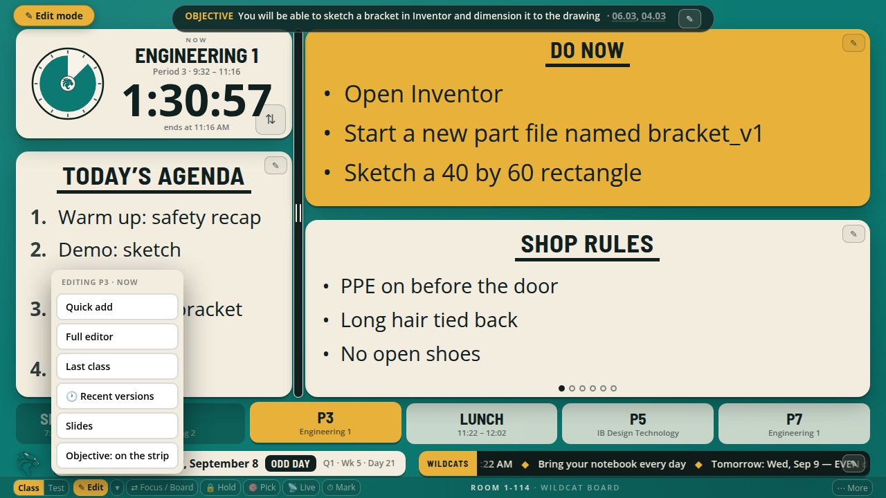 The board face in Edit mode: pencils on the Agenda card, the Do Now card and the rules tile, an Edit mode badge top left, the lit Edit button bottom right, and the editing menu open above it listing Full editor, Last class, Recent versions and Slides.