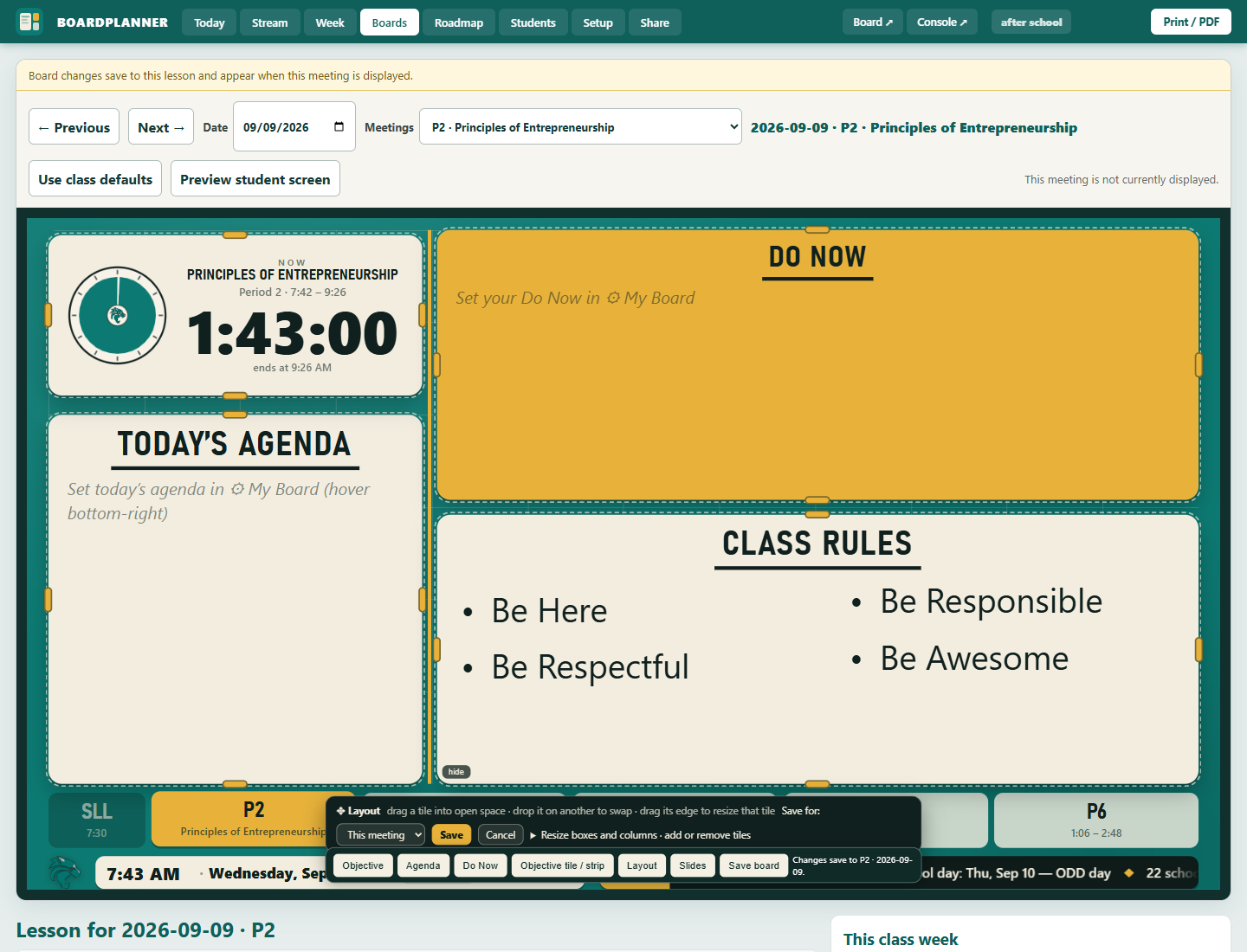 A sample board with the timer shortened and moved slightly, leaving space above the agenda while the other boxes stay in place.