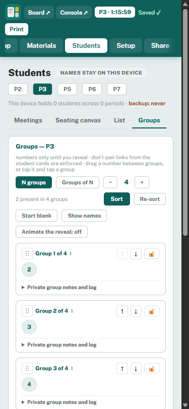 Sample groups on a phone with drag handles, order arrows and private group notes.