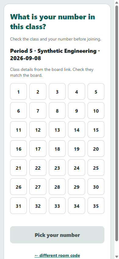 A sample join screen showing period, class and date above the number pad.