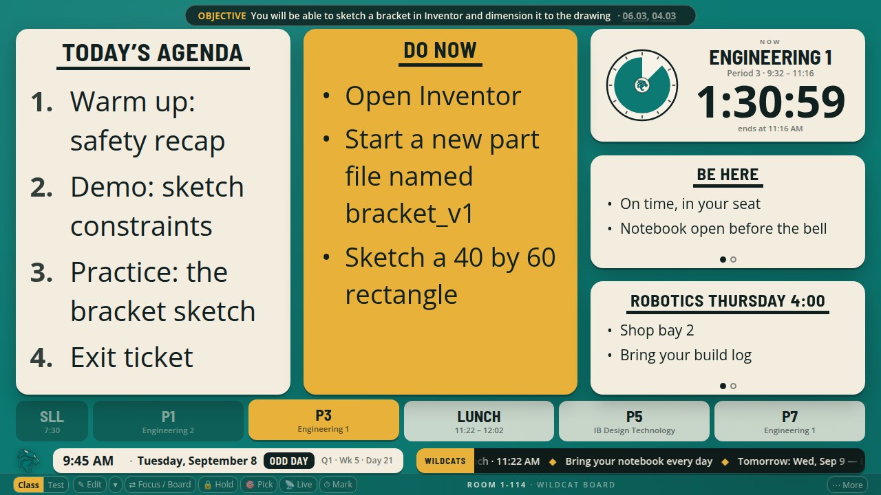 The board with the agenda on the left third, the Do Now as a tall middle column, and the clock top right with two rules tiles stacked under it.