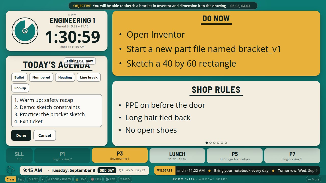 The board's Agenda quick edit open over the face, with an insert toolbar of Bullet, Numbered, Heading, Line break and Pop-up, and text showing numbered steps, a plus continued line and a blank line.