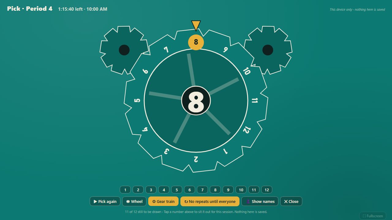 The gear train variant: a large toothed gear of numbers meshing with two smaller gears, the pointer on the winner.