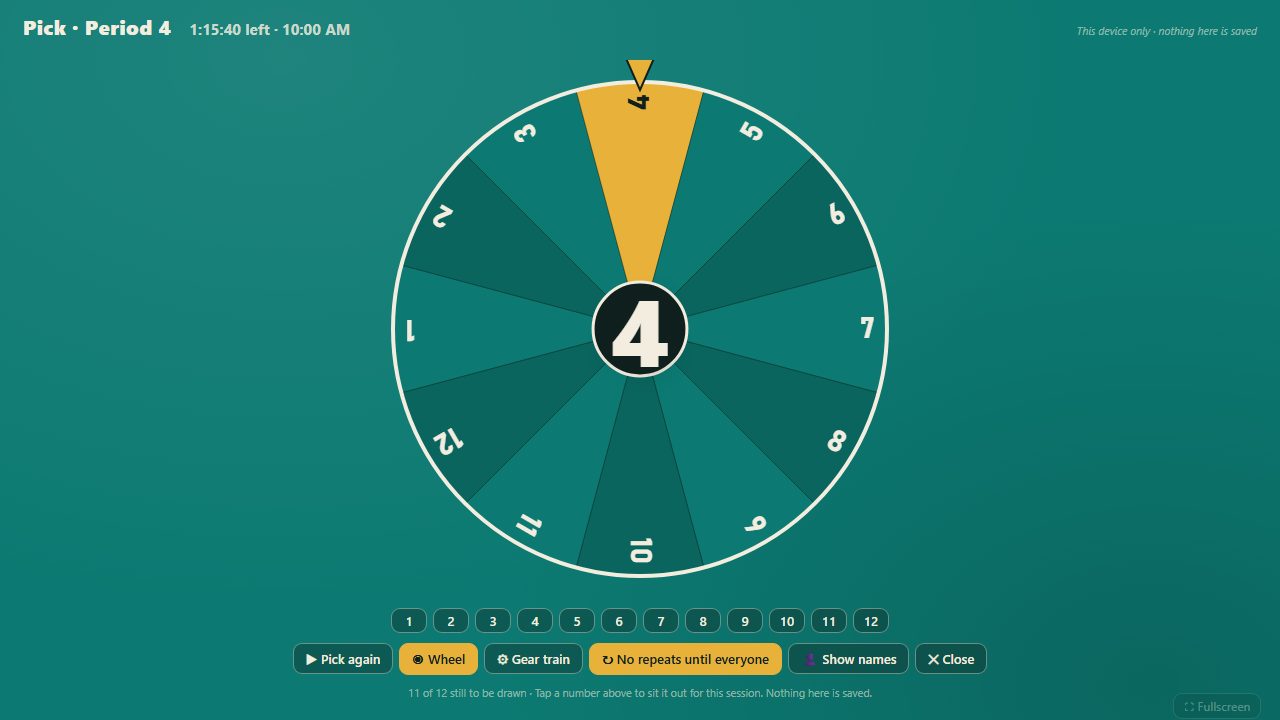 The picker face: a spinning wheel of student numbers with the winning wedge highlighted, sit-out chips and controls below.