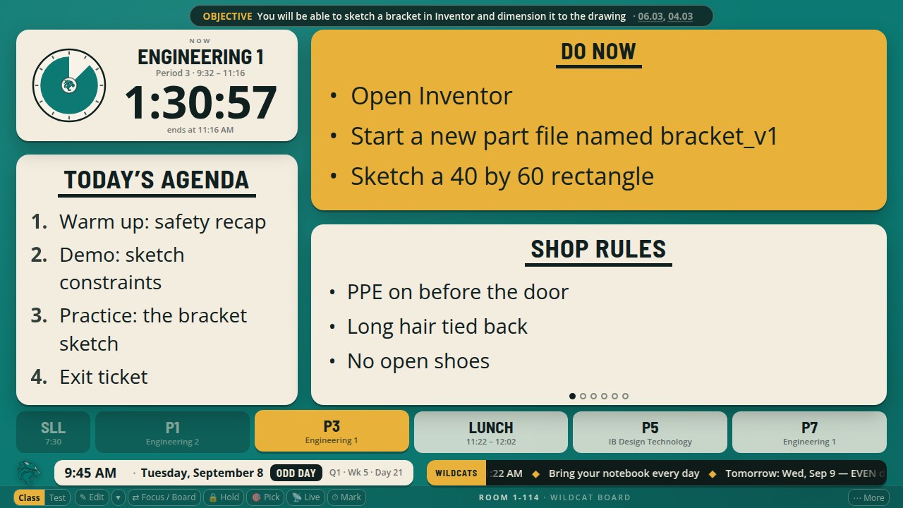 The board's objective bar reading Objective, You will be able to sketch a bracket in Inventor and dimension it to the drawing, followed by the codes 06.03 and 04.03.