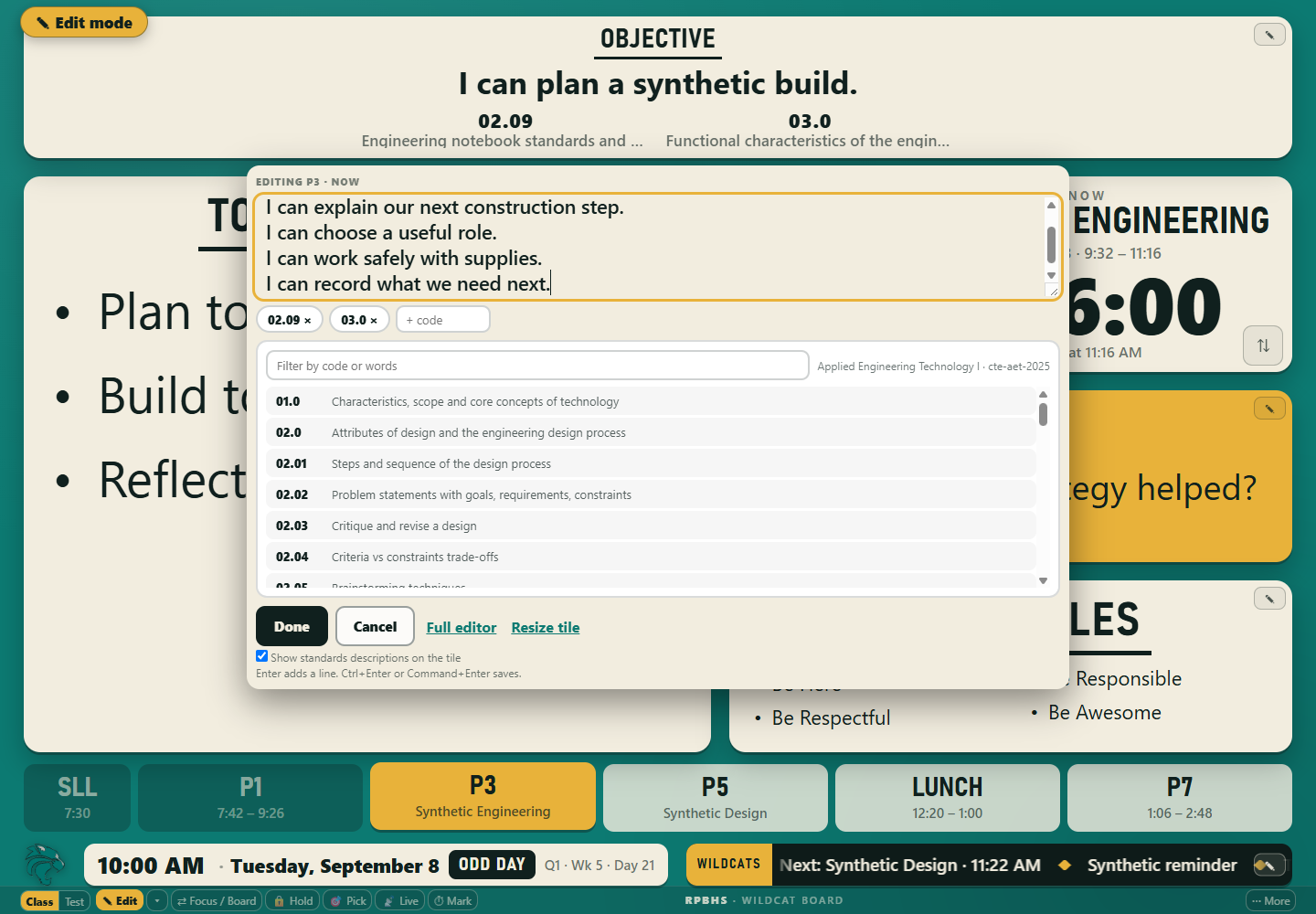 The multiline objective editor with standards, description visibility and Resize tile.