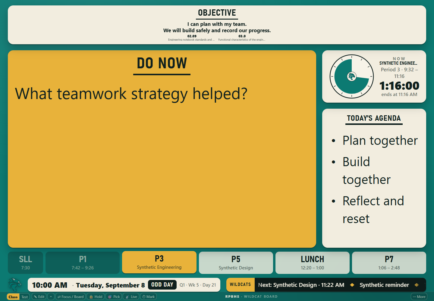 A sample Spotlight board with the objective, Do Now, clock and agenda visible.