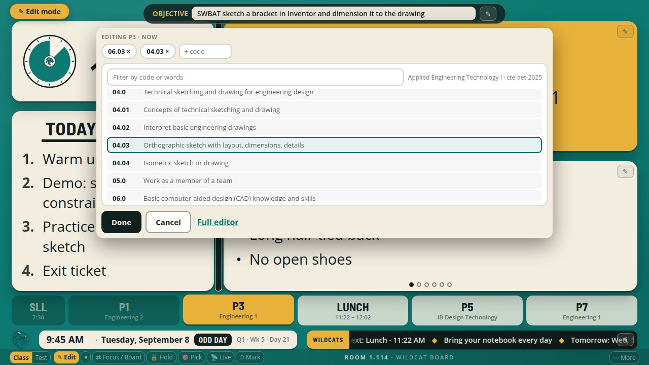 The board face in Edit mode with the objective strip open: a text box holding the objective as written, and a panel below with two attached codes, a code box, a filter, the course's standards list with one code lit, and Done, Cancel and Full editor buttons.