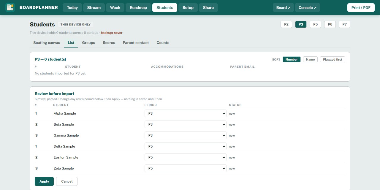 The planner's Students tab after a paste: a review table of six rows, each with a number, a name, a period drop-down set to P3 or P5, and a status reading new, above the Apply and Cancel buttons.