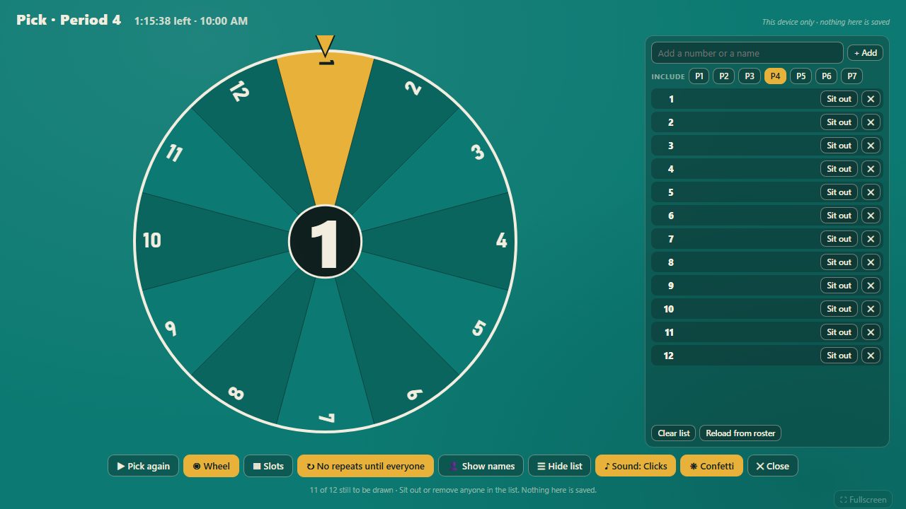 The picker: wheel of student numbers on the left, the list panel with Sit out and remove buttons on the right, controls along the bottom.