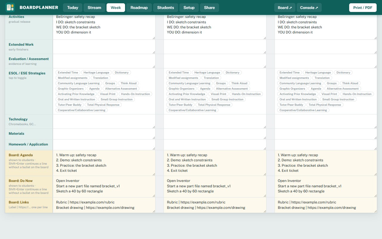 The planner's Day Sheet with Board: Links filled in, two lines reading Rubric and Bracket drawing with their addresses, under Board: Agenda and Board: Do Now.