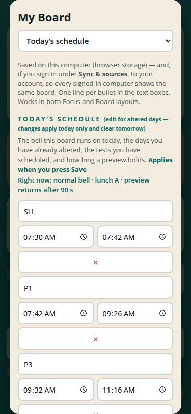 The board's Settings on a phone: a section drop-down pinned at the top, the Board content pane below it, and full-width boxes big enough for a thumb.