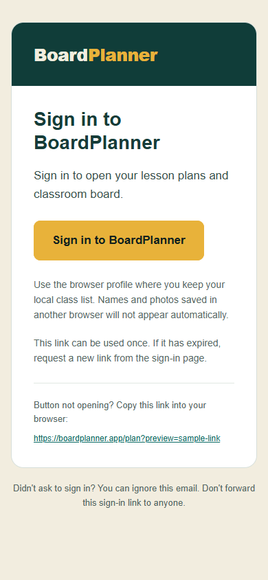 Preview of the BoardPlanner sign-in email with an inactive sample link.