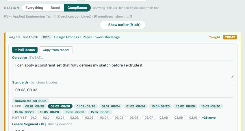 The station picker set to Compliance, showing only the objective, standards, and driving question fields.