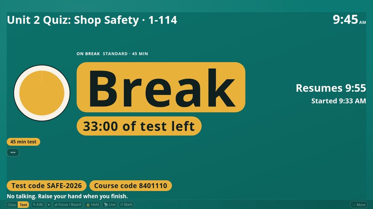The test screen during a break: the countdown reads Break, the dial counts the break down, and two lines say the test resumes at 9:55 with 33:00 of test left.