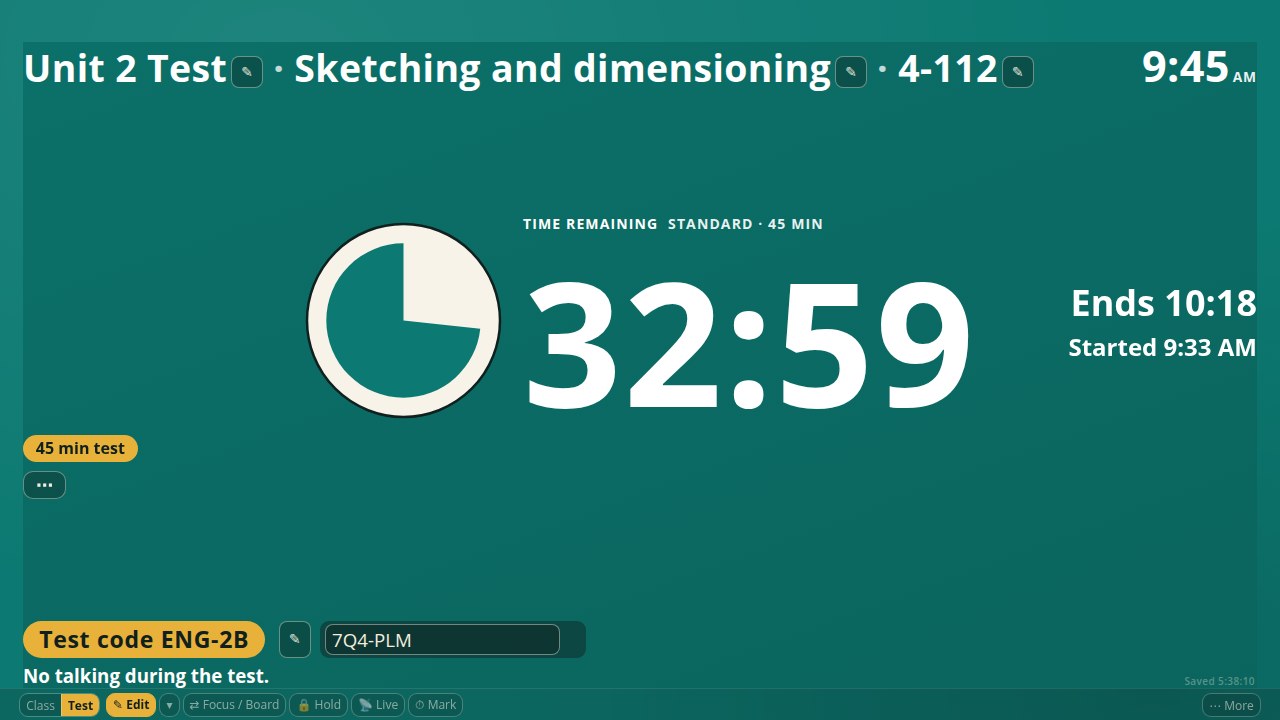 The running testing screen with the access code field open as a box in the footer strip reading 7Q4-PLM, a pencil beside the test title and the test code pill, and Edit lit at the bottom right.