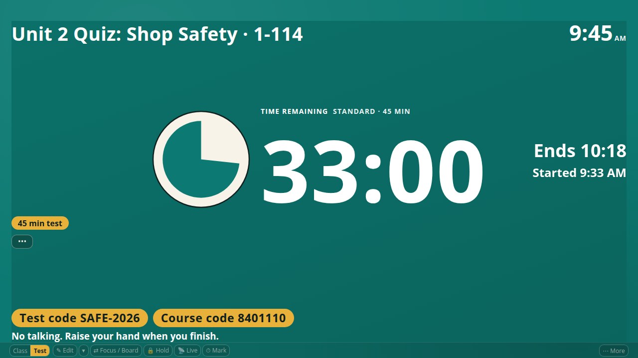 The test screen in the Focused arrangement: the title on top, the dial and 32:59 in the middle, Now and Ends on the right, and the test code, course code and first instruction along the bottom.
