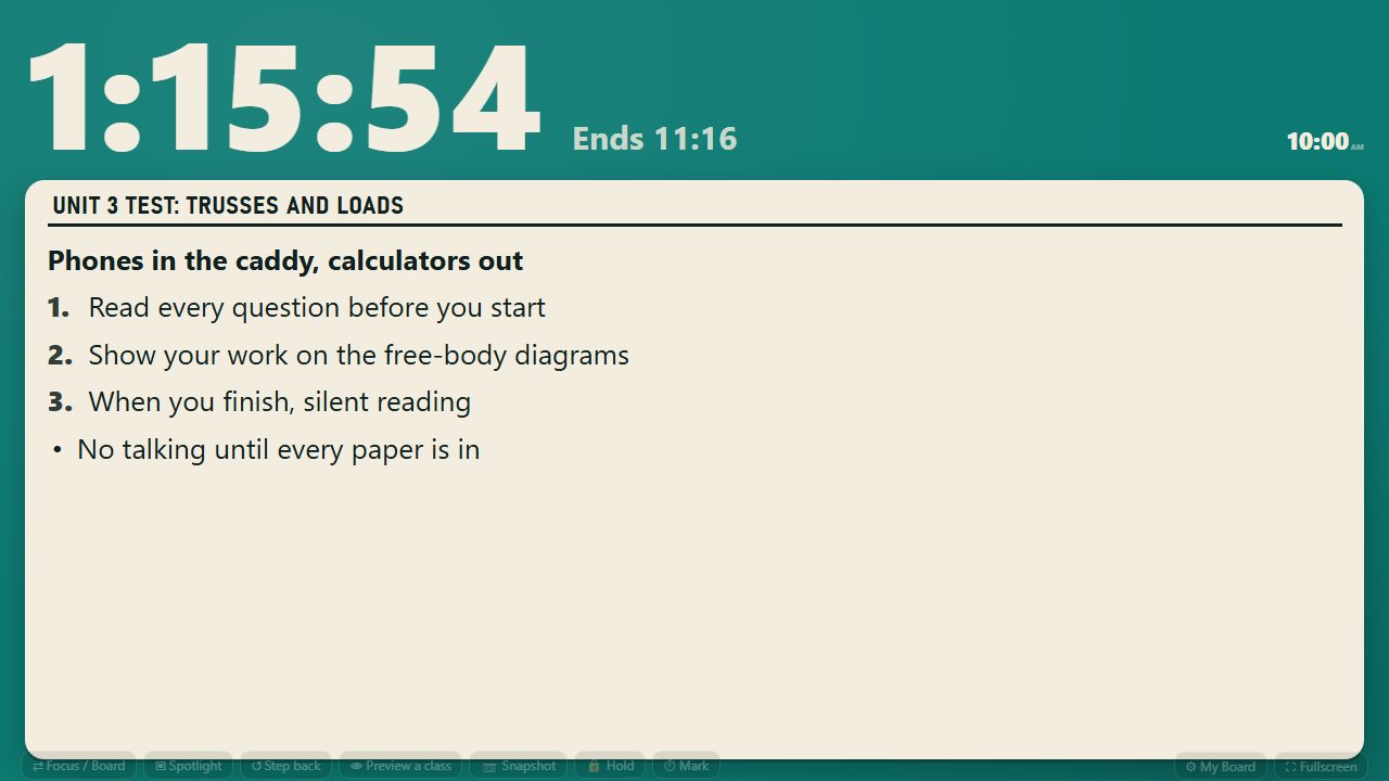 The test face in the countdown layout: a large countdown, the end time, the wall clock, and a card of test instructions.