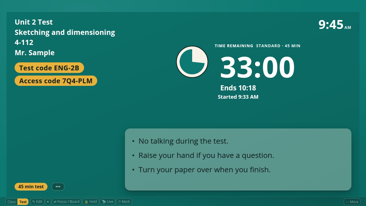The Rail testing screen: a left column with the test name, module, room and proctor stacked large and the code pills under them, the wall clock top right, and the countdown with the instructions card on the right.