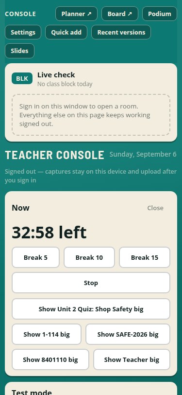 The phone console while a test runs: a Now block with 32:58 left, Break 5, Break 10 and Break 15, Stop, and one chip per detail to throw it up big on the board.
