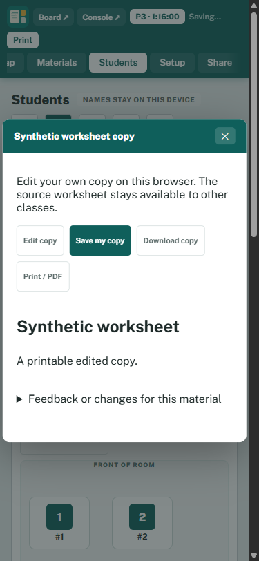 A sample worksheet copy with edit, save, download, print and feedback controls.